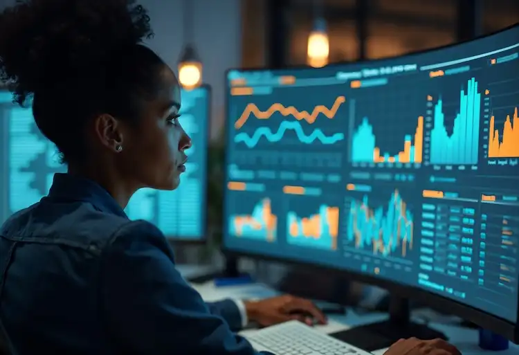 Data analyst working with analytics dashboards